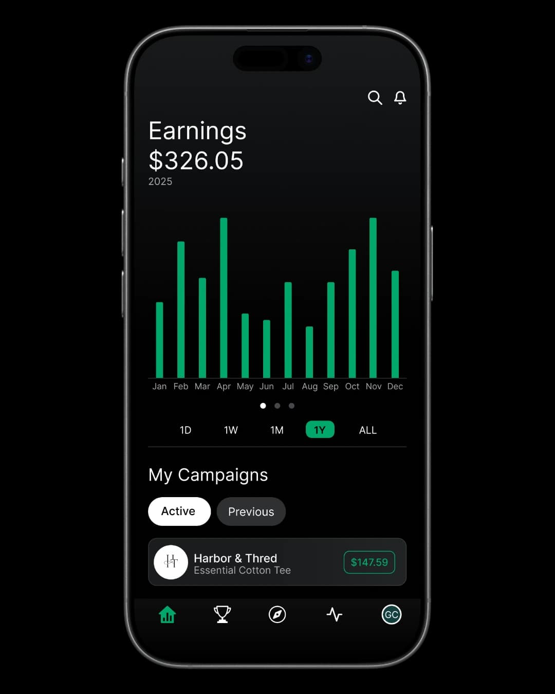 Commissions earned on tracked sales in the Affily app
