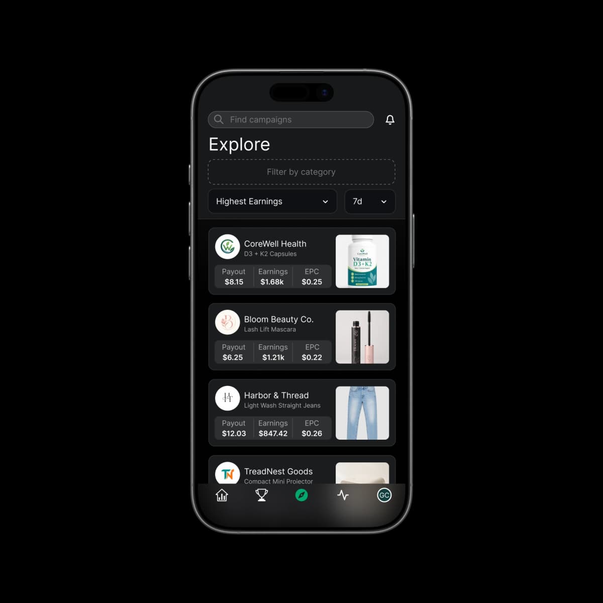 Personalized campaign feed in the Affily app